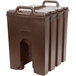 A dark brown plastic Cambro Camtainer with handles.