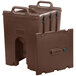 A brown plastic Cambro soup carrier with handles.
