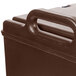 A dark brown Cambro insulated soup carrier with a handle.
