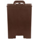 A dark brown plastic Cambro insulated soup carrier with a handle and lid.