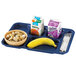 A blue tray with six compartments holding food, including a bowl of cereal, a carton of milk, and a banana.