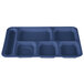 A navy blue Cambro serving tray with six compartments.