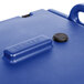 A navy blue plastic Cambro soup carrier with a black handle.