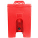 A red plastic Cambro soup carrier with a black handle.
