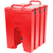 A red plastic Cambro insulated soup carrier with black handles.