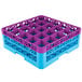 A purple and blue plastic Carlisle Lavender Color-Coded Glass Rack with 25 compartments and 2 extenders.
