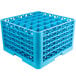 A blue plastic Carlisle glass rack with many compartments.