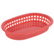 A red plastic Tablecraft oval restaurant food serving basket.