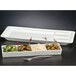 A Libbey white rectangular porcelain tray with 3 wells filled with vegetables.