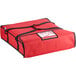 A red insulated Choice pizza delivery bag with black straps and zipper.