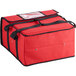 A red insulated pizza delivery bag with black straps.