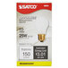 A box of Satco S3815 25 watt frosted finish incandescent general service light bulbs on a white background.