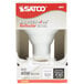 A Satco S4515 65 Watt warm white halogen flood light bulb in packaging.