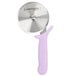 A Dexter-Russell pizza cutter with a purple handle.