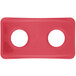 A red plastic tray with two circles and two holes.