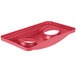 A red rectangular Rubbermaid lid with two round holes.