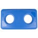 A blue plastic container lid with two holes.
