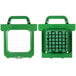 A green plastic container with a grid and a handle.