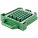 A green plastic box with a green and silver tool box inside containing a green box with many small squares.