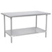 A stainless steel Advance Tabco work table with a shelf.
