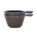 Two blue and black Elite Global Solutions melamine bowls with handles.