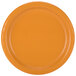 A close-up of a Creative Converting pumpkin spice orange paper plate.