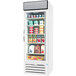 A Beverage-Air white glass door refrigerator filled with dairy products.