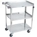 A Lakeside stainless steel utility cart with purple handles.