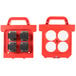 A red plastic case with circles containing metal parts for a Prince Castle Saber King fruit and vegetable cutting set.
