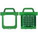 Two green plastic containers with grids on them, one with a handle.