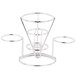 A silver stainless steel wire cone basket stand with three round metal cup holders.