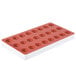 A red and white silicone tray with 24 round compartments.