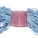 A blue fabric mop head with white stitching and a blue rope.