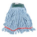 A blue Rubbermaid wet mop with a green strap.