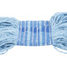 A close-up of a blue and white yarn.