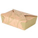 A brown paper Fold-Pak take-out box with a green design.