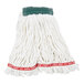 A close up of a Rubbermaid white blend wet mop head with red and white stripes.