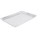 A silver Choice aluminum perforated sheet pan with wire in rim.