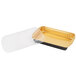 A Durable Packaging gold foil entree pan with a black plastic dome lid.