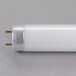 A close-up of a Satco T8 fluorescent tube with white ends and gold wires.