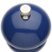 A blue pepper mill with a silver knob.