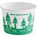 An EcoChoice compostable paper food cup with a white and green tree design and the words "save our planet" on it.