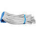 A blue microfiber string mop head with grey and blue cloth strands.