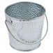 A silver galvanized steel pail with a handle.