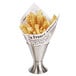 A Clipper Mill stainless steel round cone basket filled with french fries.
