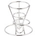A silver metal Clipper Mill round wire cone basket with ramekin holder.
