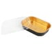 A Durable Packaging black and gold foil entree container with a clear plastic dome lid.