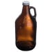 A Libbey amber glass growler with a handle.