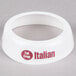 A white plastic Tablecraft salad dressing dispenser collar with maroon text reading "Fat Free Italian"