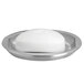A white soap dish on a brushed stainless steel soap dish.